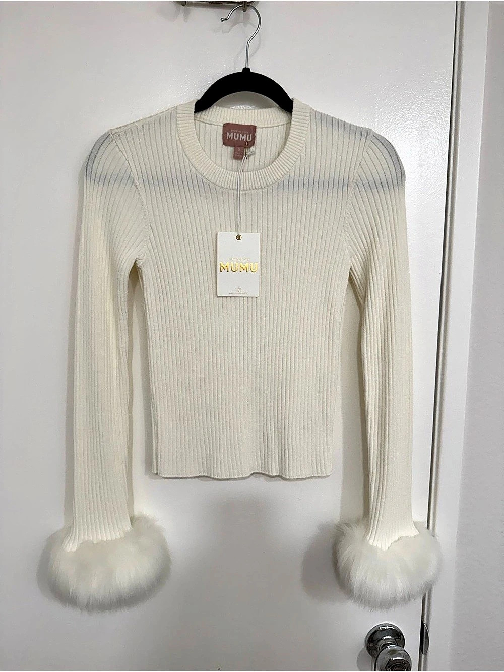 Show Me Your Mumu Ribbed Fur Cuff Sweater in White NWT
